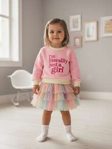 Toddler Girl Spring Outfit Letter Embroidery Sweatshirt With Tulle Mini A Line Skirt 2Pcs Set - Pink - View 2
