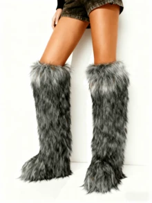 Women Fashionable Winter Christmas Furry Knee High Long Boots Pull-On Faux Fur Round Toe Boots Warm Knee High Boots Outdoor Flat Shoes Party Casual Winter Fall Boots - Xám - Xem 5