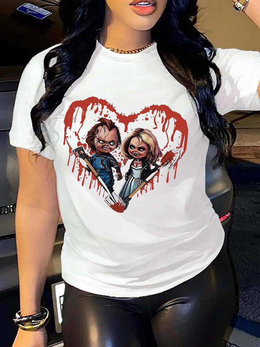 Evil Dolls Print Crew Neck T-Shirt - Fashionable Womens Graphic Print T-Shirt - Casual Short Sleeve Crew Neck Top - Lightweight & Breathable For Spring & Summer Wardrobe, 1 Piece, 200g - trắng - Xem 1