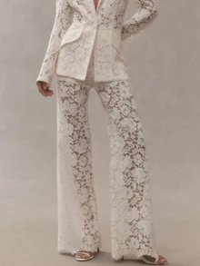 Women's Lace Bell Bottom Pants Mesh Flare Leg High Waisted Sheer  Goth Leggings Cover UpTrousers - White - View 7