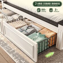 Queen/King Size Bed Frame With 2 Storage Drawers And 51.25" H Headboard Farmhouse Wood Platform Bed Frame, No Noise, No Box Spring Needed, White And Black - Đen và trắng - Xem 3