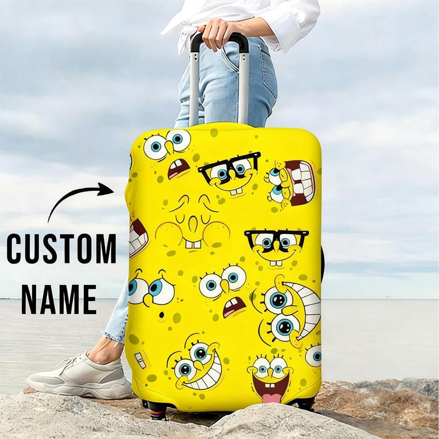 1Pc SpongeBob Luggage Cover - Personalized Cartoon Anime Suitcase Protector, Stylish Elastic Washable Baggage Cover, Fits Multiple Suitcase Sizes - Yellow - View 1