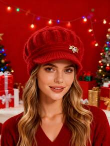 1 Stück gestrickte Baretmütze für Frauen mit Herz-Strass für Winter & Weihnachtsstil