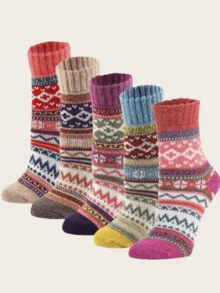 1/5/10 Pairs Women's Retro Wool Blend Mid-Calf Knit Socks, Warm & Thick, Suitable For Autumn/Winter, Ideal Outdoor Sports Couples Gift Socks - Multicolor - View 7
