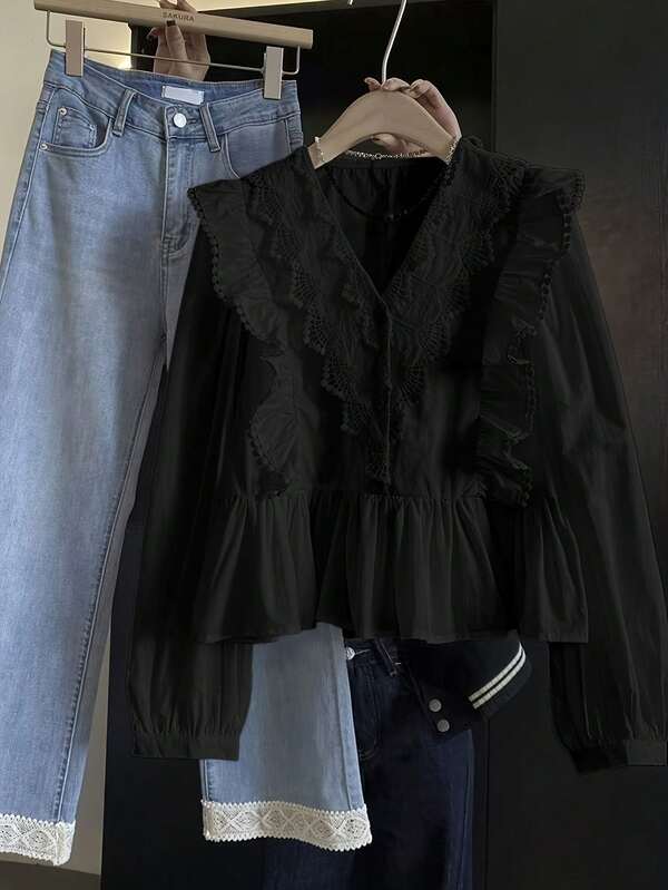 ii Plus Size Casual Solid Color Lace Patchwork Ruffle Hem Long Sleeve Top