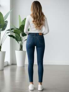 Vaqueros ajustados casuales para mujer, largos, con bolsillo, botón y cremallera, elasticidad media para uso diario. - Marino 9014-5 - Ver 4