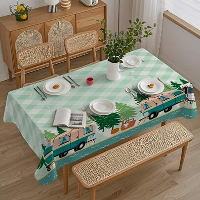 1pc Modern Green Checkered Tablecloth With RV And Campfire Design - Waterproof, Polyester Rectangular Tablecloth, Suitable For Indoor & Outdoor Parties, Lunch And Dinner Outdoor Dining Tables