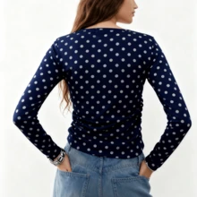 Cream White Gray Polka Dot Ruched Long Sleeve Top Women's Retro Slim Fit Crew Neck Casual T-Shirt - 藍色 - 查看 3