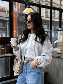 HZXVIC Ladies' Autumn New Product Solid Color Ribbed Zipper Pocket Casual Style Soft Pilot Jacket Coat