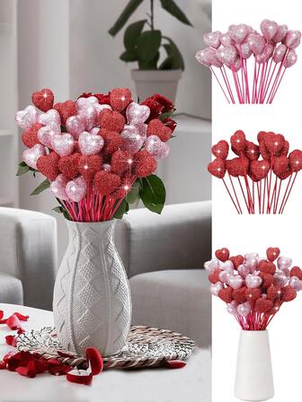 12个闪亮亮片泡沫心形插签 - 红色和粉色蓬松心形装饰插签，带木质插杆，适用于情人节、婚礼装饰、插花和花束装饰