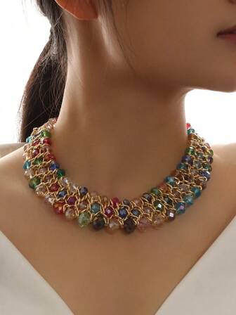 1件波西米亚风多层三股玻璃水晶手工串珠编织短项链，礼品及日常佩戴