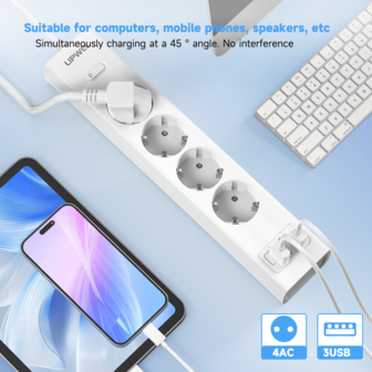 LIPWEL 1pc 3840W Power Outlet With On/Off Switch ,16A 3AC/4AC/5AC With 2 USB-A Charging Ports And 1 USB-C Charging Port, 180cm & 300cm Extension Cord, Wall-Mountable European Plug For Home, Office, Travel, Multi Plug Outlet