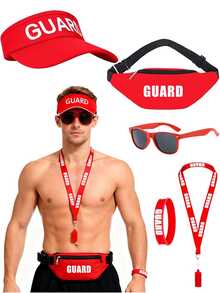 5件套嘉年华万圣节沙滩救生员服装配饰角色扮演派对 - 紅色 - 查看 6