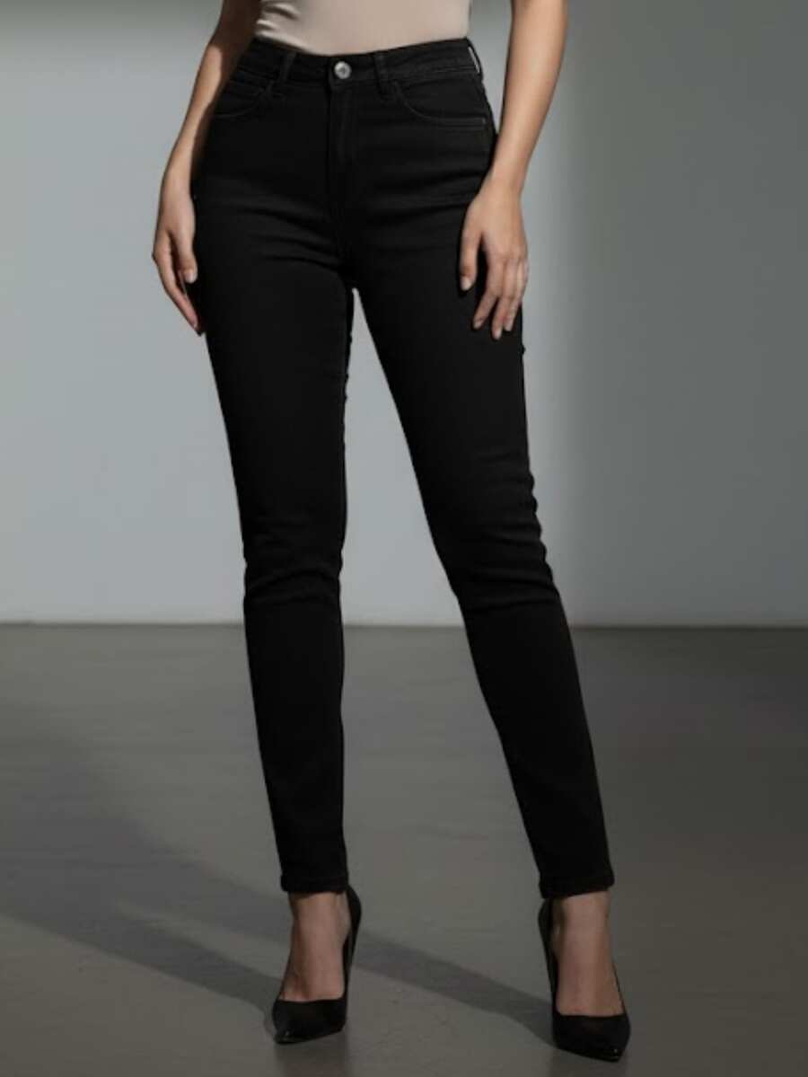 Vaqueros ajustados casuales para mujer, largos, con bolsillo, botón y cremallera, elasticidad media para uso diario. - Negro 9014-3 - Ver 1