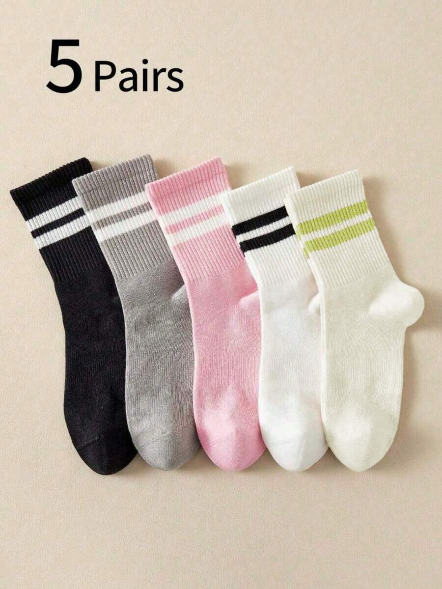 5 paires de chaussettes mi-mollet polyvalentes de couleur unie et rayées, chaussettes décontractées mode pour étudiants, lavage à la main et lavage en machine