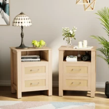 Furniwell Rattan Nightstands Set Of 2, Farmhouse Night Stand With 2 Drawers And Storage Shelf - Boho Bedside Table End Side Table For Bedroom - Xem 1