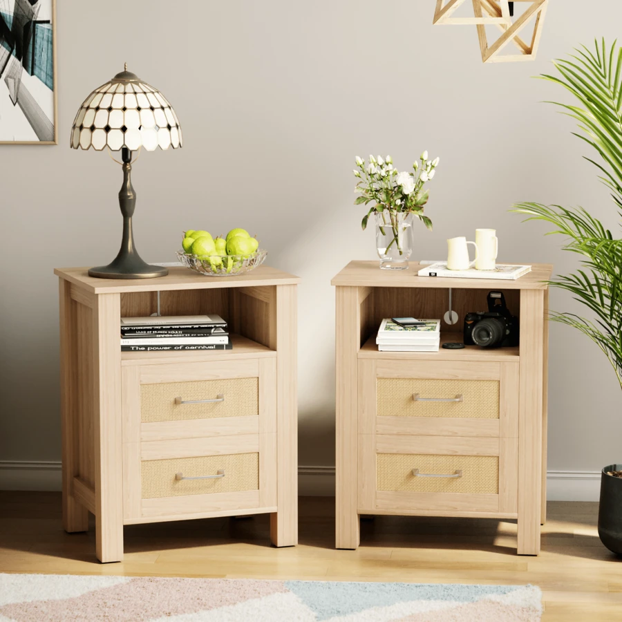 Furniwell Rattan Nightstands Set Of 2, Farmhouse Night Stand With 2 Drawers And Storage Shelf - Boho Bedside Table End Side Table For Bedroom - Xem 1