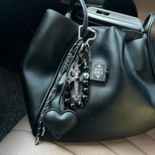 Retro Cross Leather Heart-Shaped Bag With Bead String Keychain, Creative Magic Book, Simple Braided Bag Hanging Ornament Chain - Multicolor - View 9