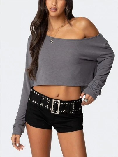 Womens Off The Shoulder Cropped Tops Batwing Long Sleeve Loose Fit Summer Boat Neck Workout T Shirts