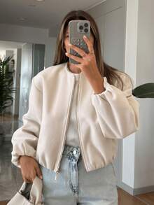 HZXVIC Ladies' Autumn New Product Solid Color Ribbed Zipper Pocket Casual Style Soft Pilot Jacket Coat