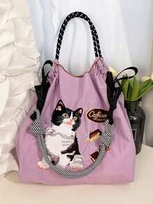 1pc Fashionable Versatile Embroidered Tote Bag, Cartoon Cat Pattern, Lightweight Commuter Nylon Foldable Shopping Bag - Multicolor - View 1