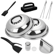 1-8pcs BBQ Tool Set, Flat Top Grill Accessories Kit With Stainless Steel Cheese Melting Dome, Meat Press, Basting Brush, Seasoning Bottle, Steak Spatula, Food Tongs, Multi-Function Cleaning Brush, Baking Cover, Outdoor Barbecue Tool Set, Perfect For Steaming, Grilling And Cooking - Round, Durable, Easy To Clean, Ideal For Barbecue, Grilling, Baking, Indoor And Outdoor Use - Essential Kitchen Accessories - Multicolor - View 13