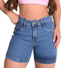 Short Feminina Meia Coxa Cintura Alta   Simples    Casual    Jeans    Bolso  Zíper  Botão    Elegante  Feriado  Férias  Diário    Verão, Primavera - Lavagem Marmorizado - Visão 4