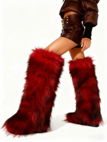 Women Fashionable Winter Christmas Furry Knee High Long Boots Pull-On Faux Fur Round Toe Boots Warm Knee High Boots Outdoor Flat Shoes Party Casual Winter Fall Boots - 紅色 - 查看 8