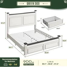 Queen/King Size Bed Frame With 2 Storage Drawers And 51.25" H Headboard Farmhouse Wood Platform Bed Frame, No Noise, No Box Spring Needed, White And Black - Đen và trắng - Xem 9