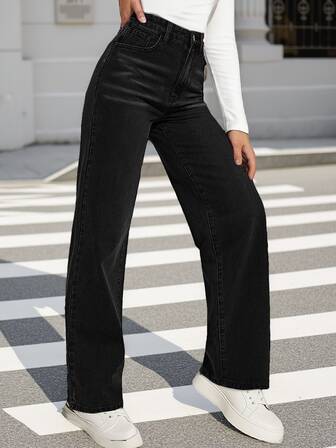 Damen Y2K Vintage einfarbige Straight Leg High Waist Jeans für den täglichen Lässig-Stil