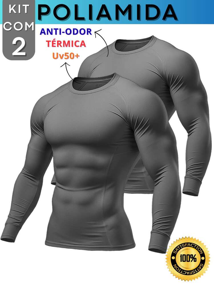 Kit With 2 Polyamide UV50+ Thermal Long Sleeve Compression Anti-Odor Raglan Shirts KJG - 灰色和灰色 - 查看 1