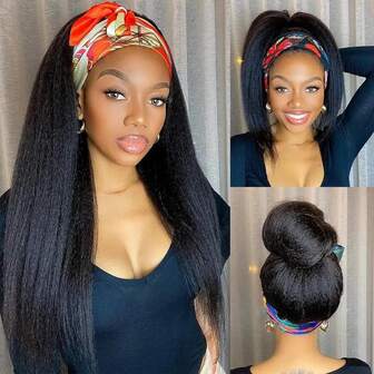 Kinky Straight Headband Synthetic Wig For Women Yaki Straight Wigs With Black Headband Hair Easy To Style No Lace Front No Glue