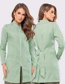 Women's Oxford Fitted Lab Coat With Zipper And Mandarin Collar - Evi - Sage Green - View 1