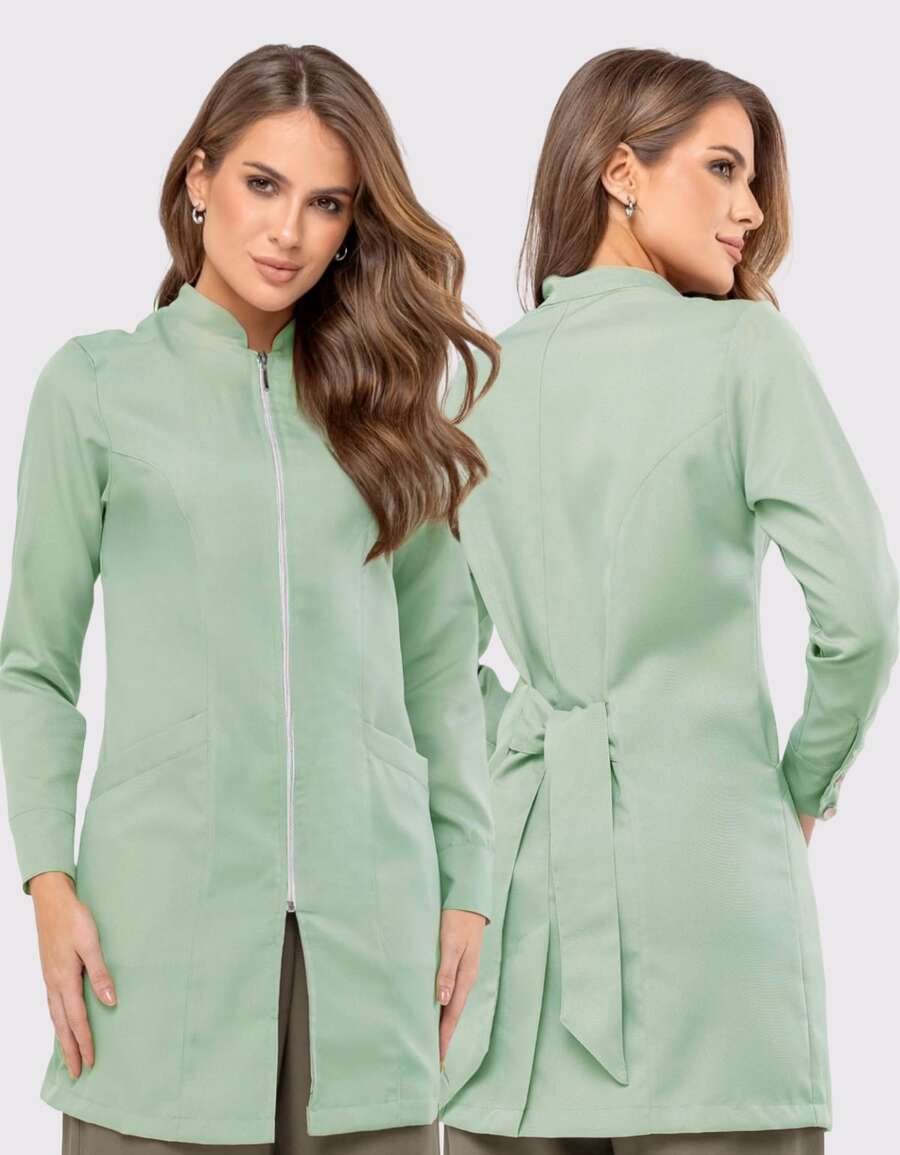 Women's Oxford Fitted Lab Coat With Zipper And Mandarin Collar - Evi - Sage Green - View 1