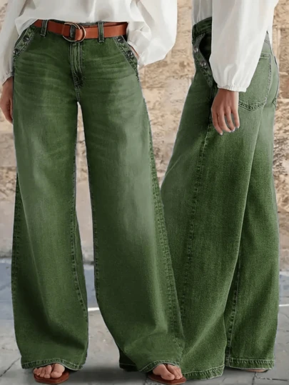 Nuevos jeans casuales de pierna ancha y ajuste holgado con múltiples botones lavados para mujer - Verde del ejército, pantalones de mezclilla de alta calidad