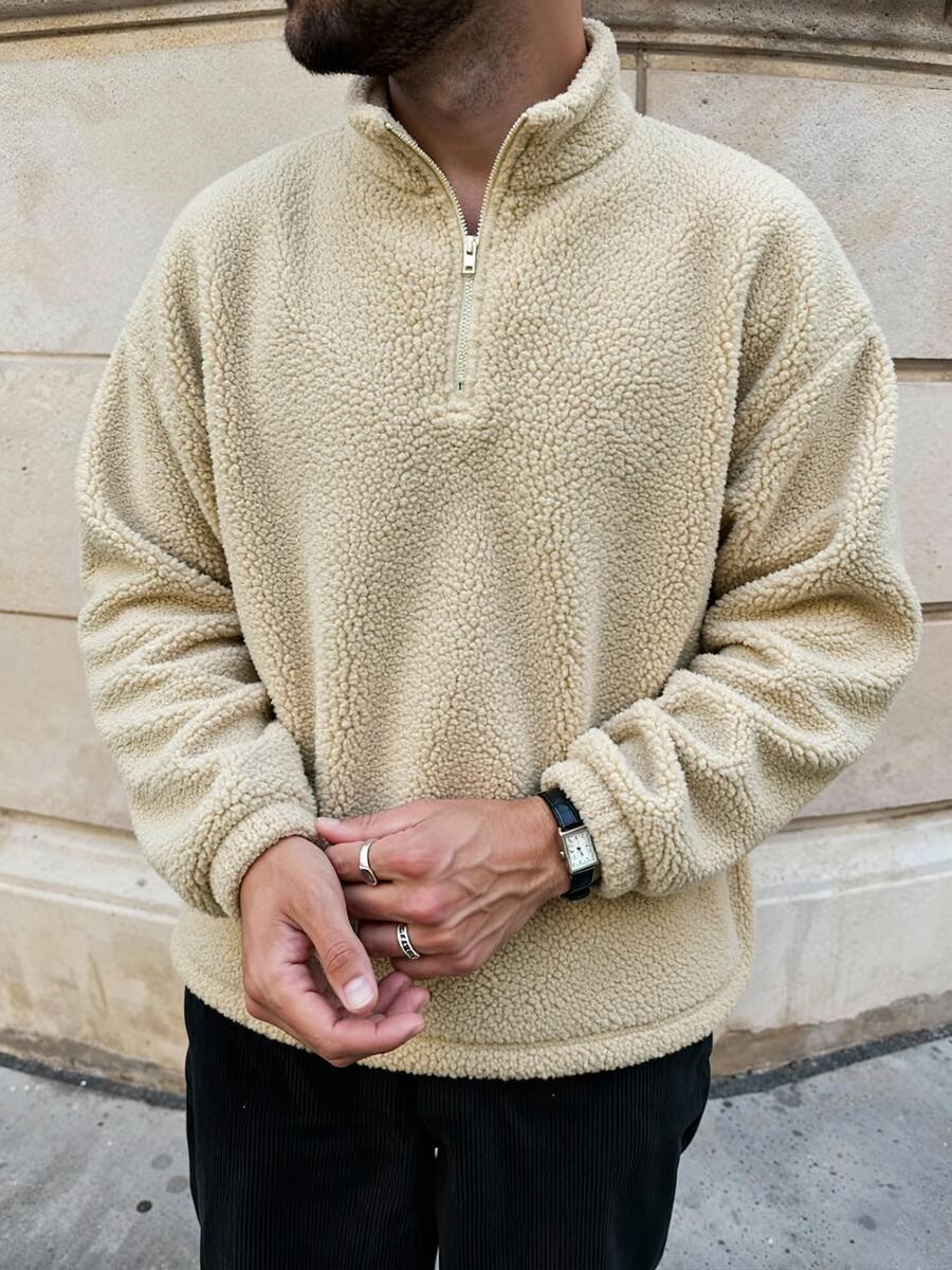 2025 New Fleece Jacket Sweatshirt For Men, Casual Thick Loose Fit Half Zip Up Sweatshirt, Spring Autumn - Apricot - View 1