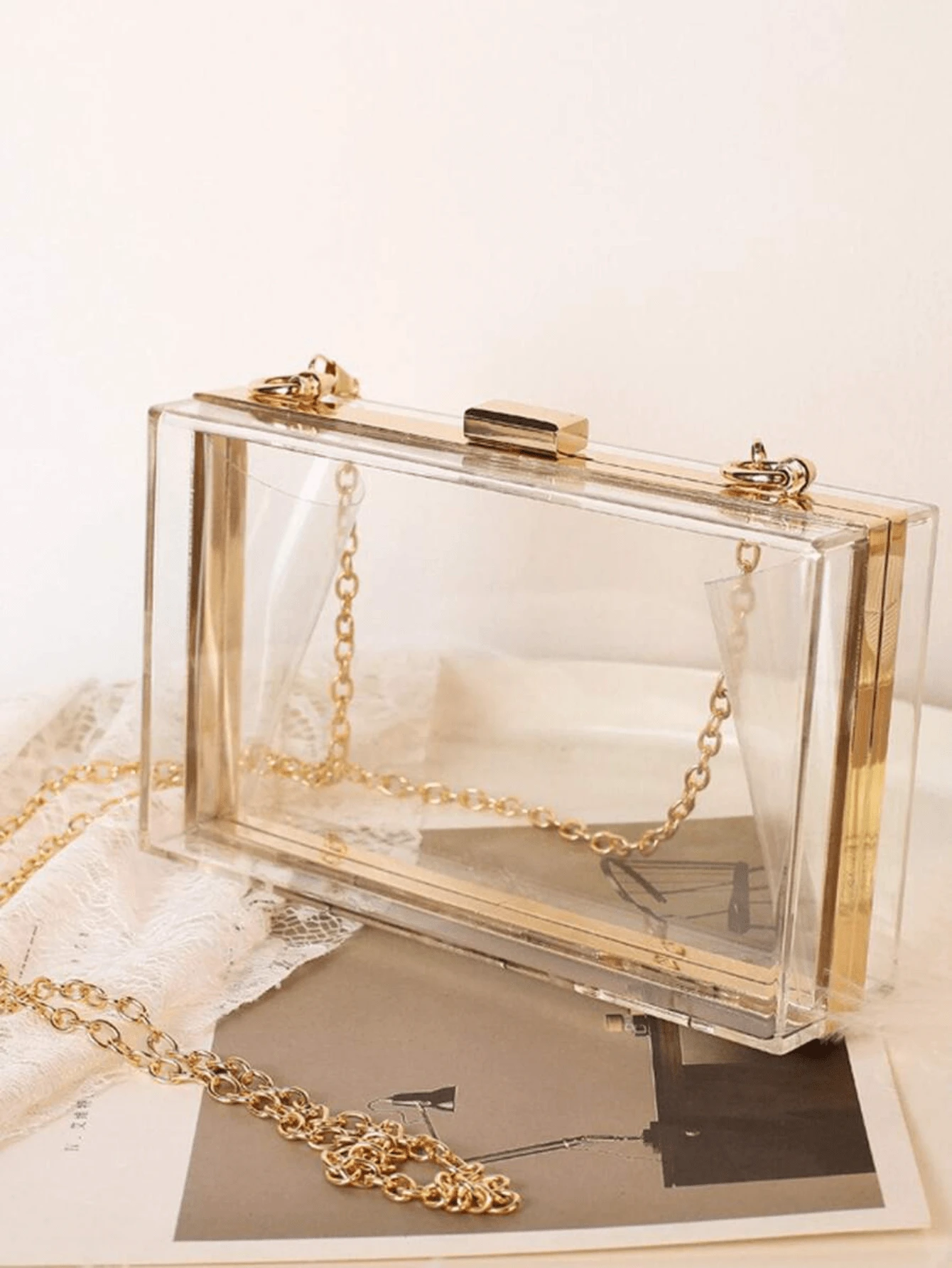 Clear Box Bag Mini Contrast Binding Clip Top - Clear - View 1