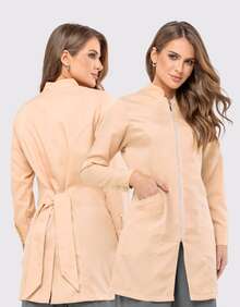 Women's Oxford Fitted Lab Coat With Zipper And Mandarin Collar - Evi - Light Beige - View 1