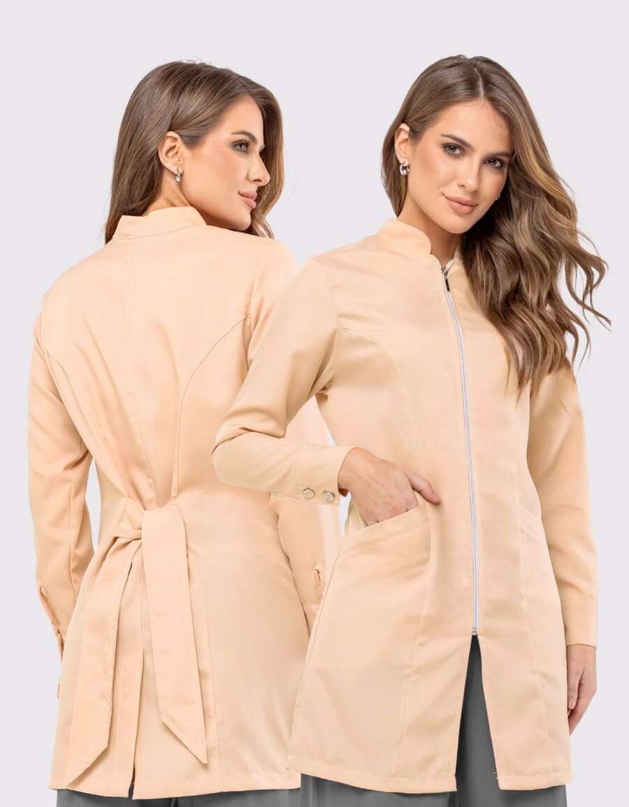 Women's Oxford Fitted Lab Coat With Zipper And Mandarin Collar - Evi - Light Beige - View 1