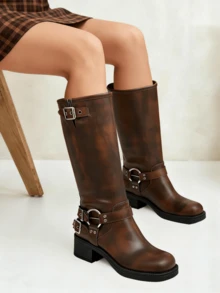 Vintage Combat Boots For Women Round Toe Buckle Straps Side Zipper Chunky Mid Heel Mid Calf Jaripeo Boots Countryside Retro Dark Brown Boots - 巧克力棕 - 查看 1