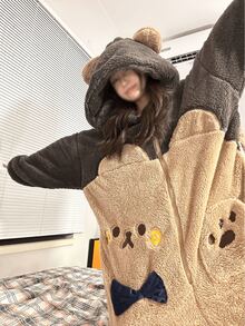 可爱卡通熊连帽卫衣，长袖拉链毛绒派对睡衣 COSPLAY 家居服，女士加厚抓绒保暖连帽衫，撞色毛绒，适合狂欢节、万圣节、音乐节、女士万圣节服装、万圣节连衣裙 - 彩色 - 查看 2