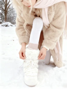 Knee High Boots For Women,Fuzzy Flat Round Toe Rhinestone Lace-Up Slip On Warm Shoes Winter Outdoor Party Chirstmas And Halloween Snow Boots - 白色 - 查看 4