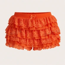 Women Lace Mini Bloomers Skirt Y2k Ruffle Low Waist Layered Lolita Half Slip Skirt Pleated Flowy Short Underskirt - trái cam - Xem 4