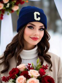 1pc Unisex Personalized Embroidered A-Z Letter Elastic Knit Beanie Hat, Fashionable Streetwear Hip Hop Knit Cap, Suitable For Autumn/Winter Daily Wear - Navy Blue - View 3