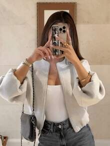 HZXVIC Ladies' Autumn New Product Solid Color Ribbed Zipper Pocket Casual Style Soft Pilot Jacket Coat