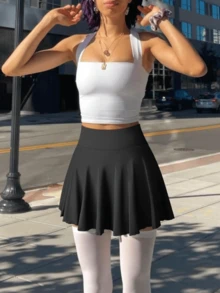 Women's Solid Color 2 In 1 High Waist Sports Skort, Comfy Breathable Skort For Tennis Golf, Ladies Sportswear For All Seasons, Lightweight Athletic Skirts, Sporty Breathable Skorts, Workout Skirts - 黑色 - 查看 3