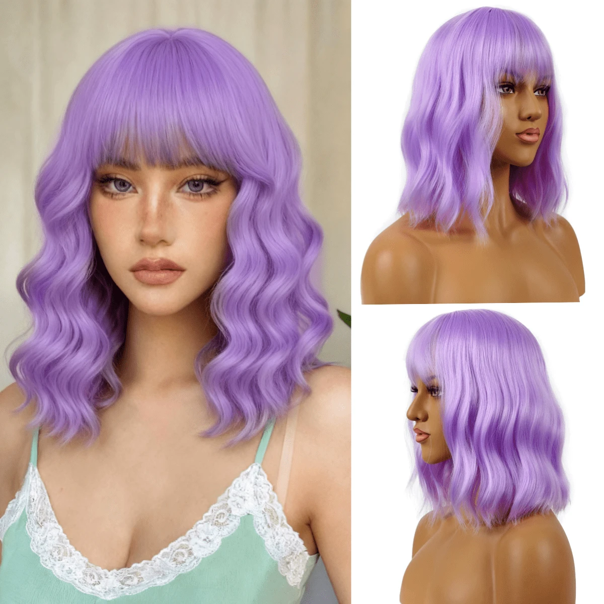 BARSDAR Purple Short Bob Wig With Bangs For Women Loose Wavy Wig Curly Wavy Shoulder Length Synthetic Bob Wigs For Girl Halloween Costume Cosplay Daily Use - 紫色 - 查看 1
