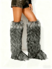Women Fashionable Winter Christmas Furry Knee High Long Boots Pull-On Faux Fur Round Toe Boots Warm Knee High Boots Outdoor Flat Shoes Party Casual Winter Fall Boots - Xám - Xem 8