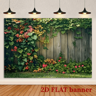 2D平面丛林花园背景横幅。采用涤纶材质，多种尺寸可选，设计有木栅栏和攀援植物。适合装饰客厅、卧室、办公室和户外场所。也是一份很棒的派对礼物。