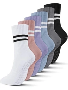 6 أزواج من جوارب اليوغا الملونة للنساء مع مانعات الانزلاق، غير قابلة للانزلاق، تنفس متوسطة الساق مناسبة لليوغا والرقص والأنشطة الرياضية الأخرى